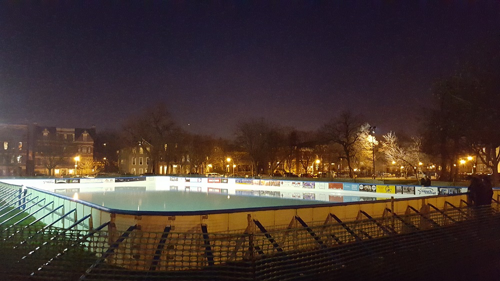 park district ice rink with plastic boards.